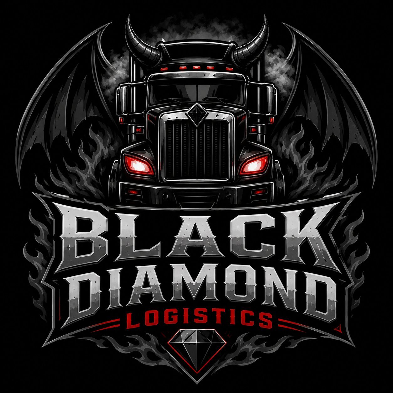 Black Diamond Logistics logo featuring a dark semi truck with glowing red headlights, demon horns, and black wings on a black background