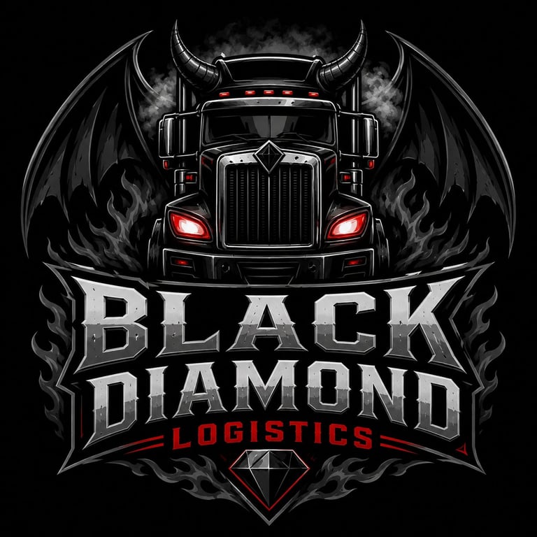 Black Diamond Logistics logo featuring a dark semi truck with glowing red headlights, demon horns, and black wings on a black background